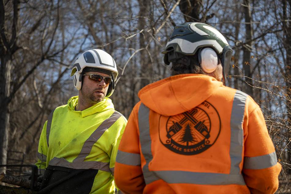 Two Total Control Tree Service crew members coordinating at a job site